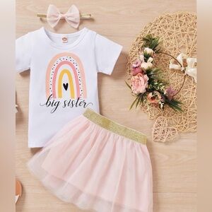 Big Sister Rainbow Outfit with Tutu Skirt and Headband Size 2T Pink and white